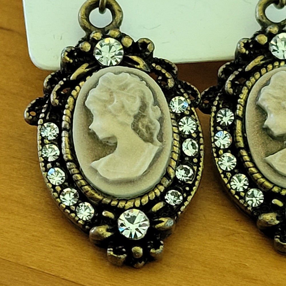 Vintage Victorian Revival Cameo Rhinestone Dangle Earrings Gold Tone